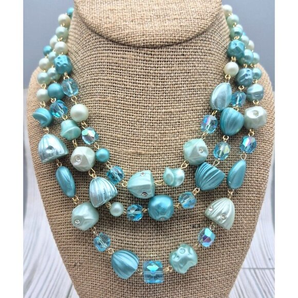 Vintage Aqua Blue Multistrand Collar Necklace Japan Signed Hook Clasp Crystals - Picture 6 of 9